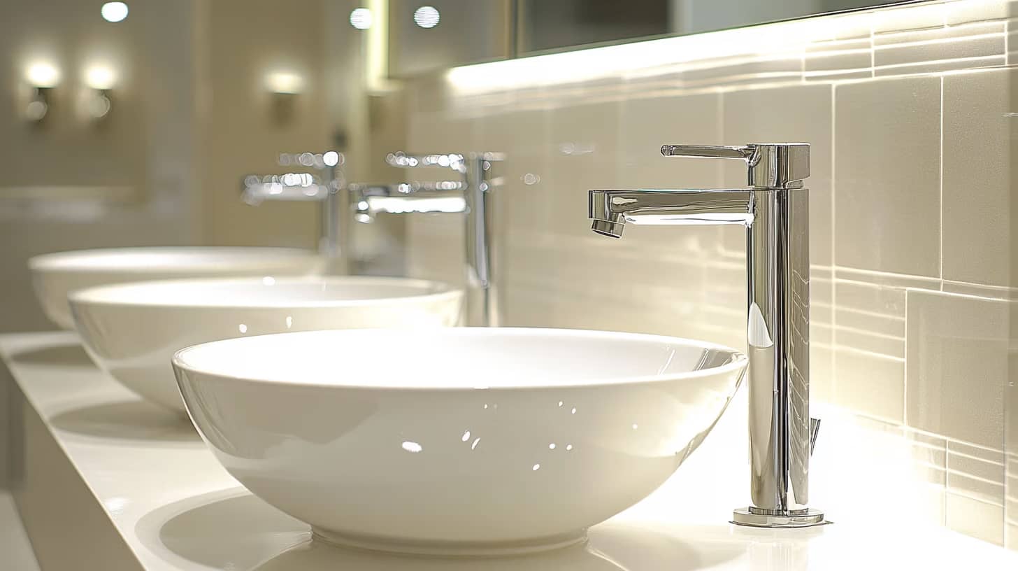 Modern bathroom with three sleek white vessel sinks and tall chrome faucets on a glossy countertop. The wall features subtle illuminated tiles, creating a luxurious ambience.