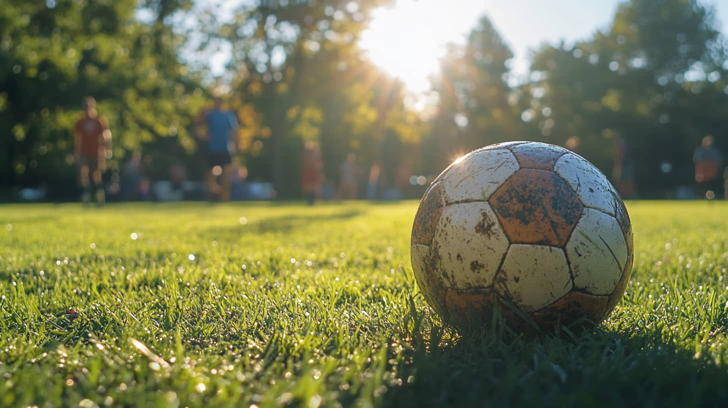 A worn soccer ball rests on a grassy field, illuminated by the setting sun. In the background, blurred figures appear to be playing. The scene is shaded by tall trees, creating a peaceful, nostalgic atmosphere.