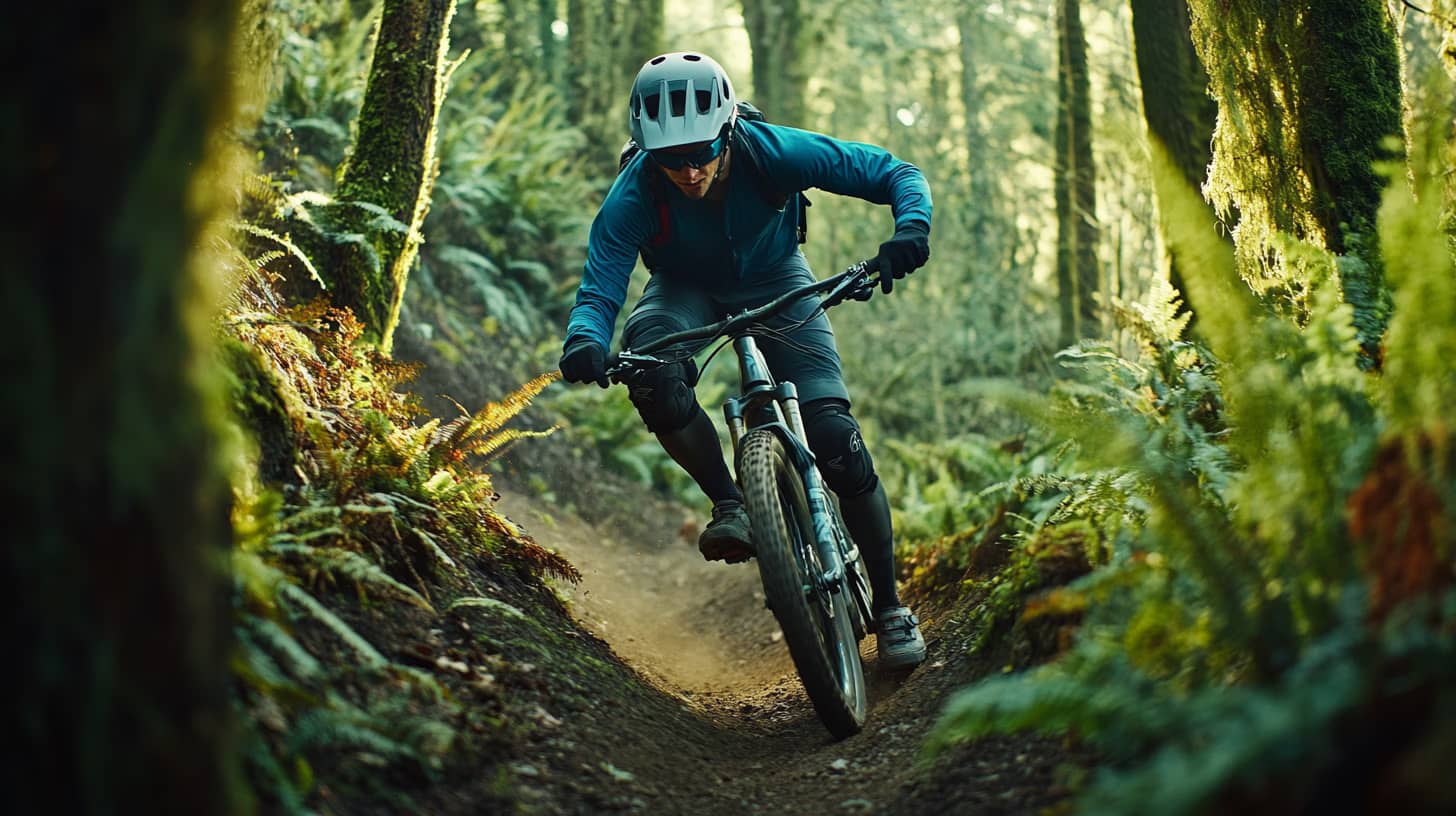 A mountain biker in a blue jacket rides swiftly down a dirt trail in a lush, green forest. They are wearing a helmet and goggles, leaning into a turn with foliage and trees surrounding the narrow path. Sunlight filters through the canopy.