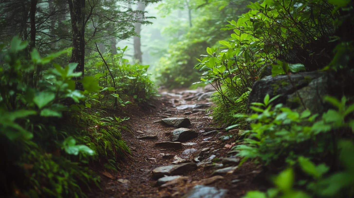 A narrow, rocky forest path surrounded by lush green foliage on a misty day. Sunlight filters softly through the dense trees, creating a serene and peaceful atmosphere.