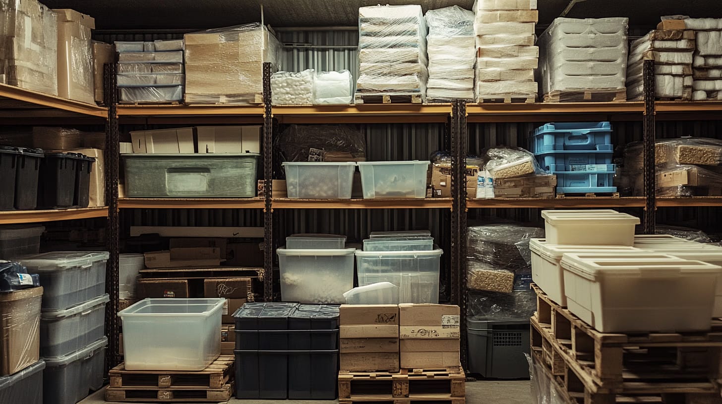 A storage room filled with shelves containing various plastic containers and cardboard boxes. The items are neatly organized, with some stacked on wooden pallets. The shelves are metal, and the room is dimly lit.