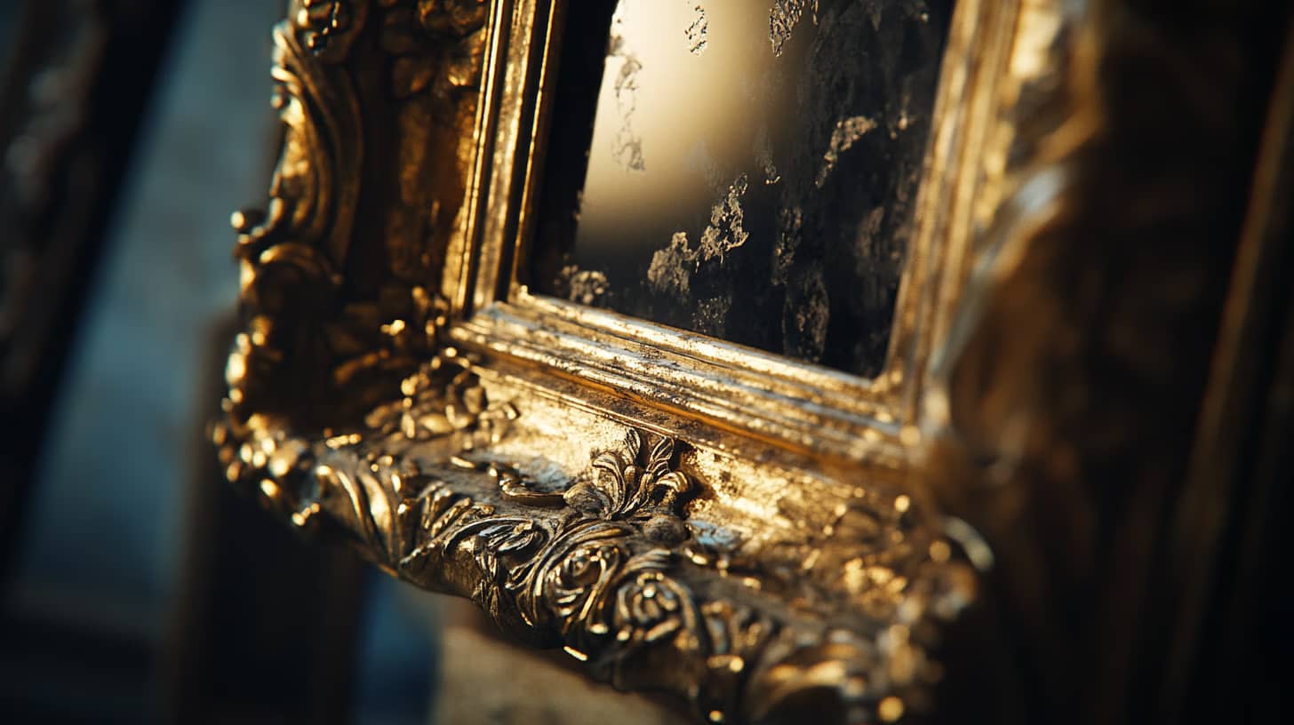 Close-up of an ornate gold picture frame with intricate carvings and detailed patterns. Inside, a reflective surface is partially visible, capturing a soft glow, hinting at the frame's elegance and craftsmanship. The background is softly blurred.