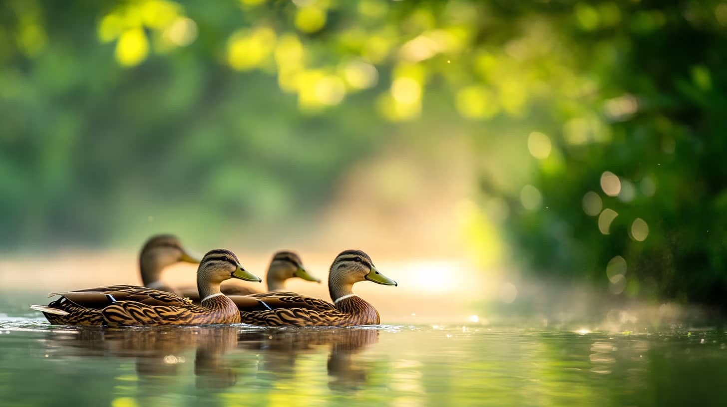Four ducks swim gracefully in serene, sunlit water surrounded by lush greenery. The soft glow of sunlight filters through the leaves, creating a peaceful and idyllic scene.