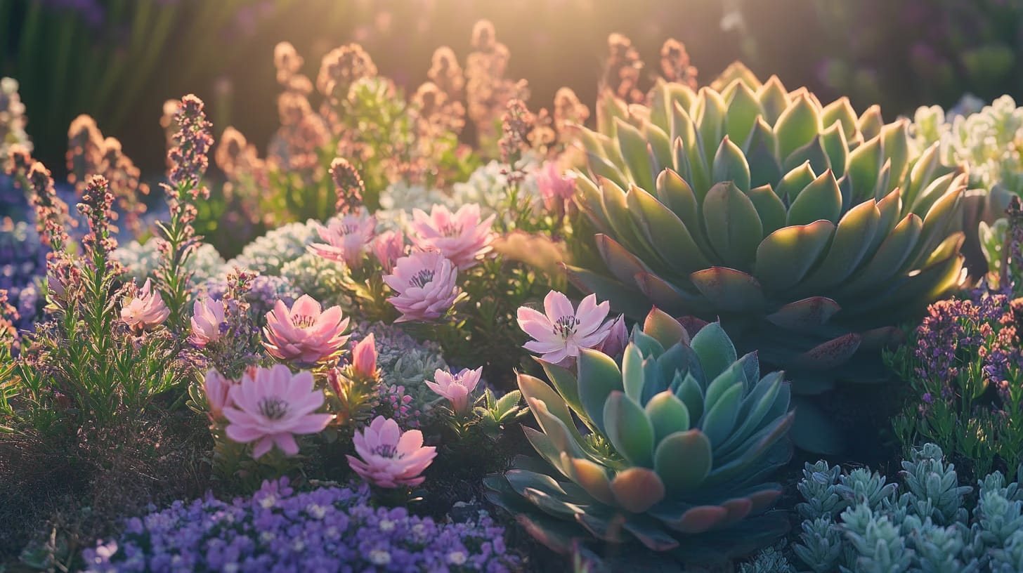 A garden scene with various succulents and small pink flowers in full bloom, bathed in warm sunlight. The succulents have plump green leaves, while the flowers add pops of delicate pink color, surrounded by lush greenery.