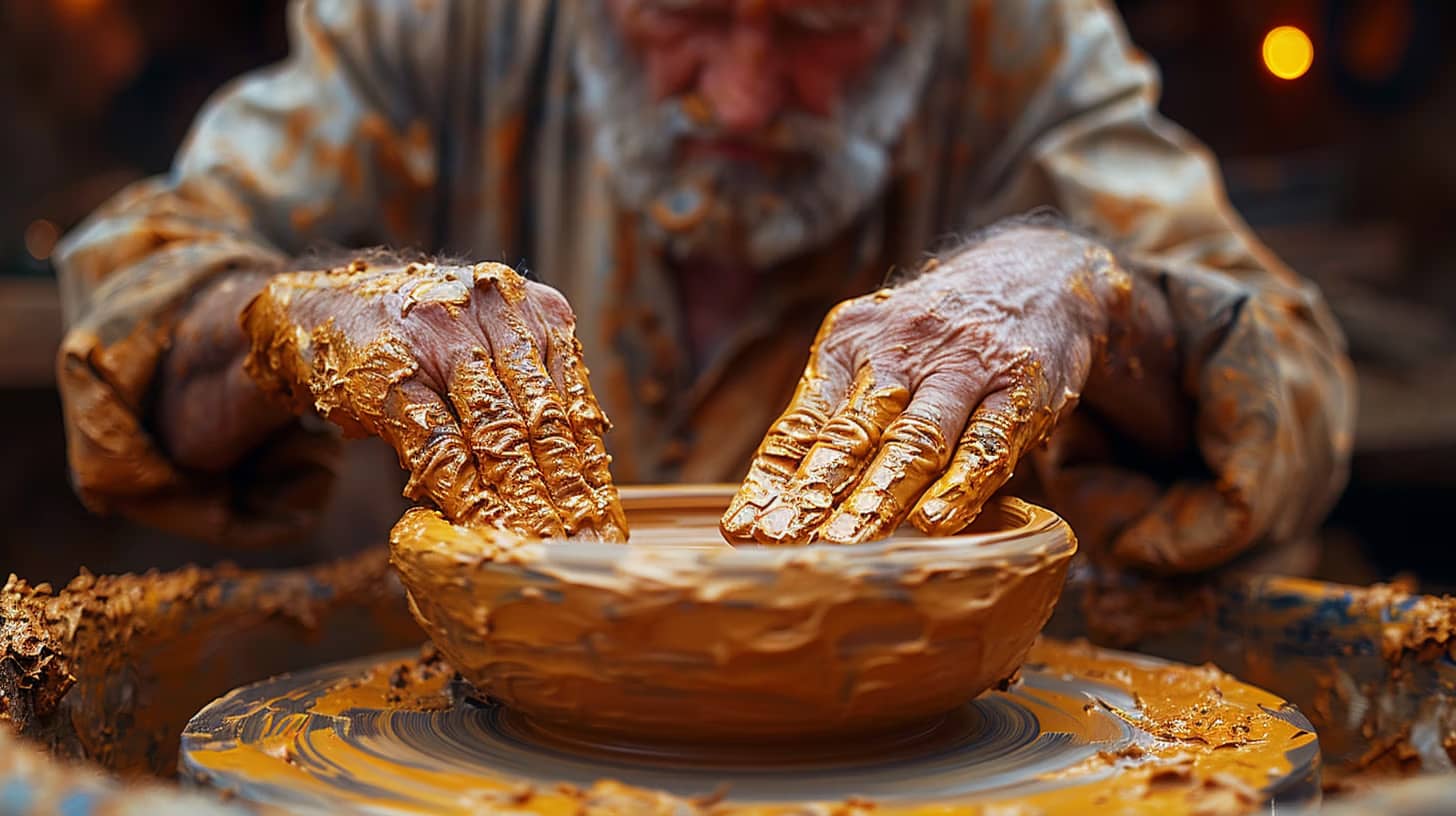 A person with clay-covered hands shapes a pottery bowl on a spinning wheel. The focused hands and arms are covered in orange clay, emphasizing the tactile process of pottery-making. The background is blurred, highlighting the hands and bowl.