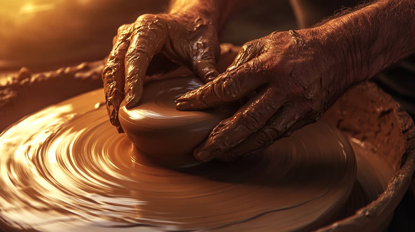 Close-up of a potter's hands shaping clay on a pottery wheel. The spinning wheel and wet clay create a dynamic motion, with warm lighting highlighting the texture and movement. The scene conveys a sense of creativity and craftsmanship.