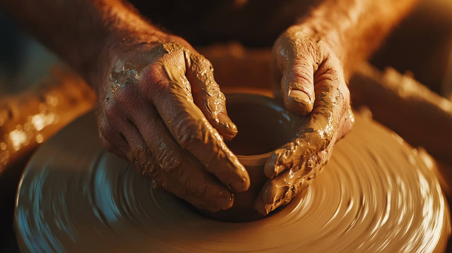 A close-up of hands shaping clay on a spinning pottery wheel. The hands are covered in wet clay, molding a small pot, with blurred motion suggesting the wheel's rotation. Warm, natural lighting highlights the rich texture of the clay.