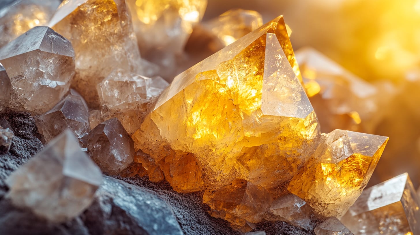 Close-up of a cluster of citrine crystals, featuring large, clear, and geometric formations. The crystals exhibit a warm golden hue, illuminated by soft sunlight that enhances their vibrant color and texture. Background displays smaller crystal formations.