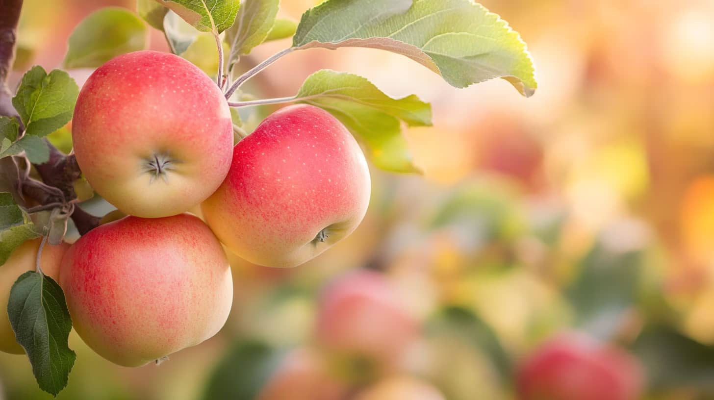 Close-up of a cluster of ripe, red apples hanging from a branch with green leaves. The background shows a soft focus of more apple trees in a warm, golden light.