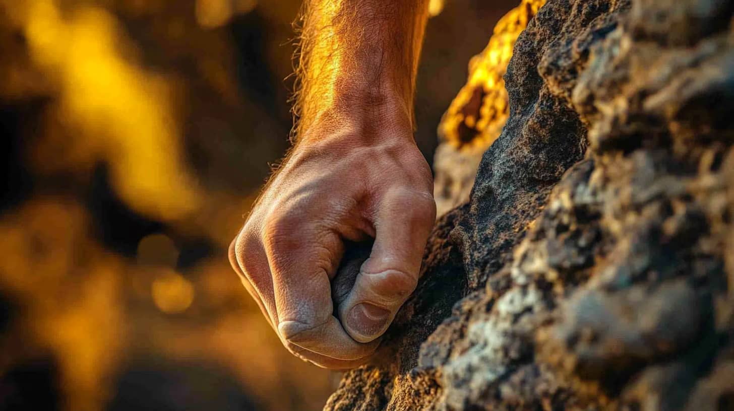 Close-up of a person's hand gripping a rocky surface, emphasizing strength and determination. The warm, golden sunlight illuminates the scene, highlighting the texture of the rock and the hand.