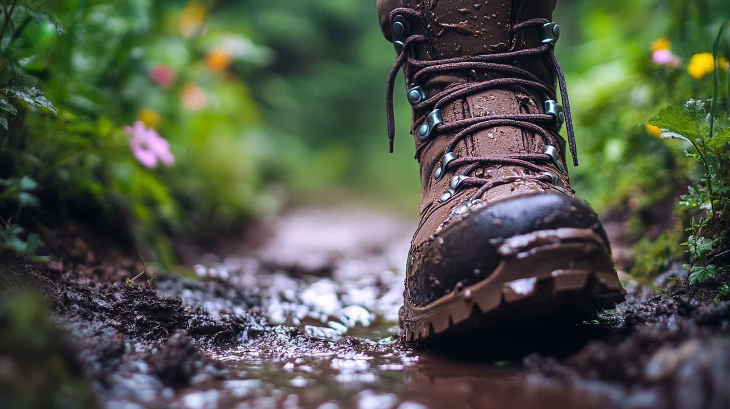 Close-up of a muddy hiking boot stepping on a wet trail with small flowers and greenery on the sides, capturing the rugged texture and outdoor setting.