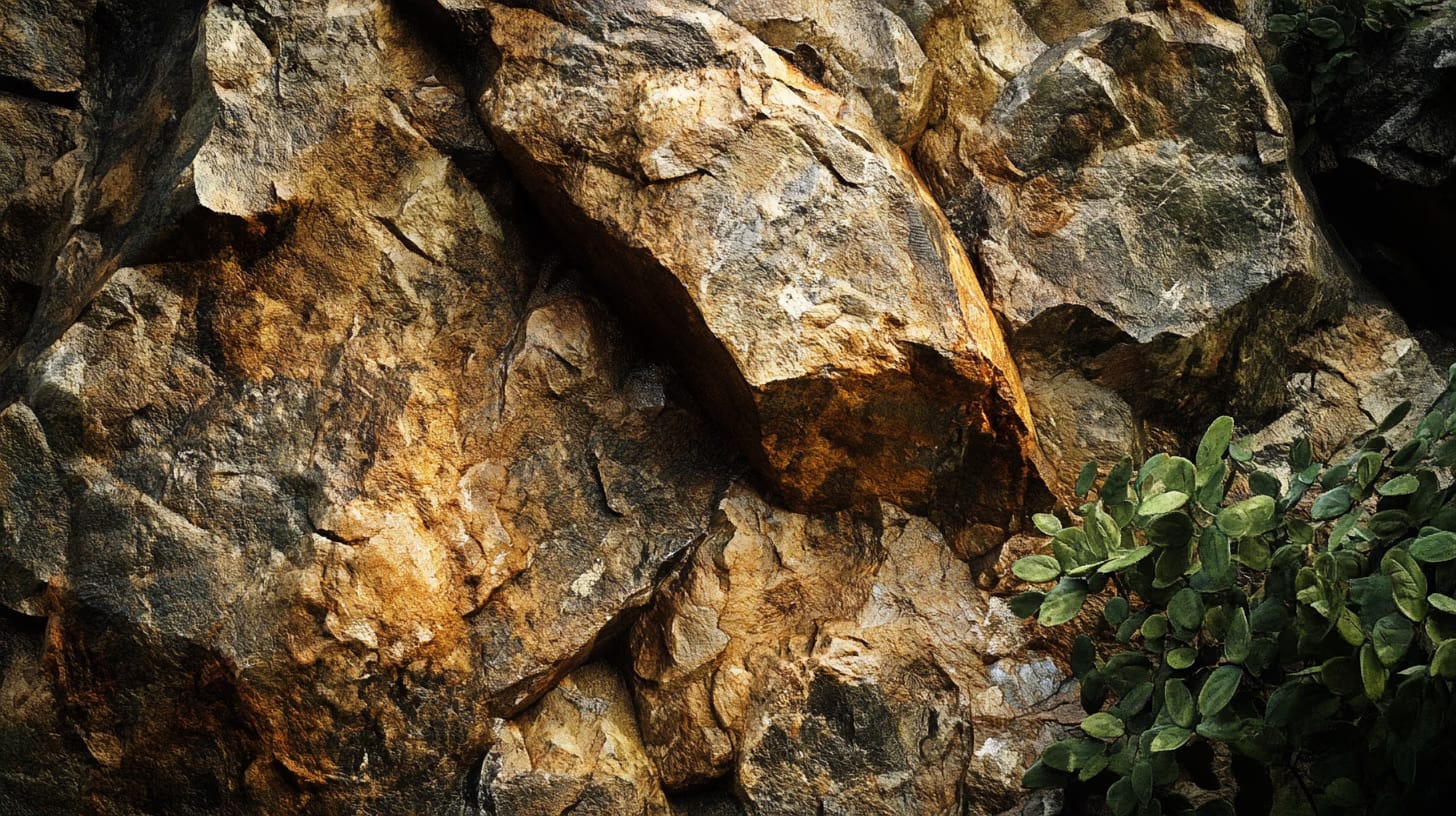 Close-up of a rugged rock face with various shades of brown and gray, displaying rough textures. Vibrant green leaves of a plant are visible in the bottom right corner, contrasting with the earthy tones of the rock.