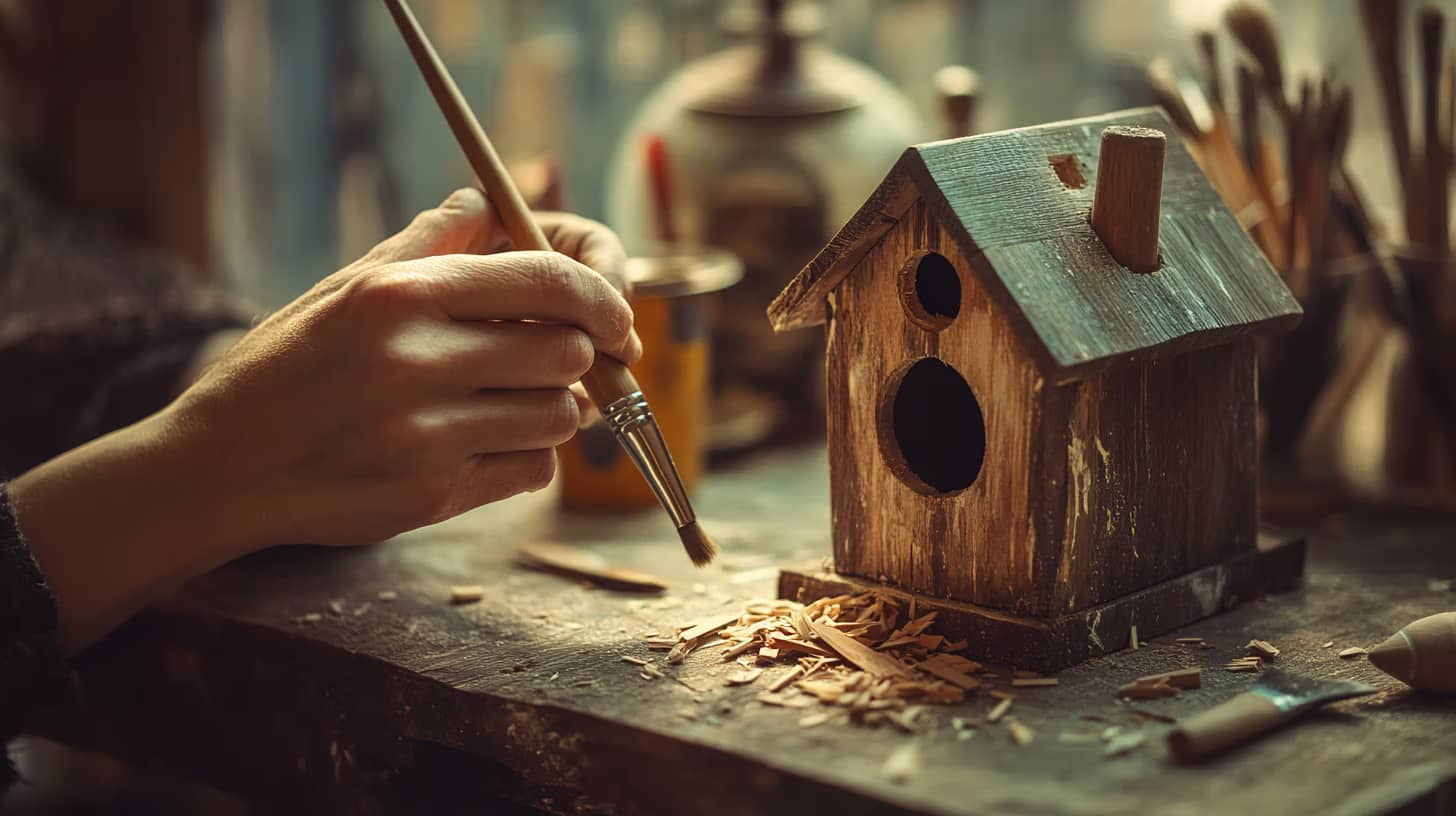 A person is painting a small wooden birdhouse on a workbench. Shavings and tools are scattered around, suggesting an ongoing crafting project. Soft, warm lighting creates a cozy atmosphere.