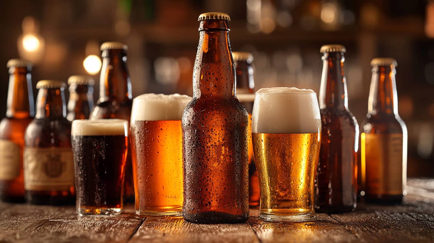 A selection of amber and dark beer bottles and glasses on a wooden table. The glasses are filled with frothy beer, and droplets of condensation cover the bottles. The blurred background suggests a cozy, dimly lit bar setting.