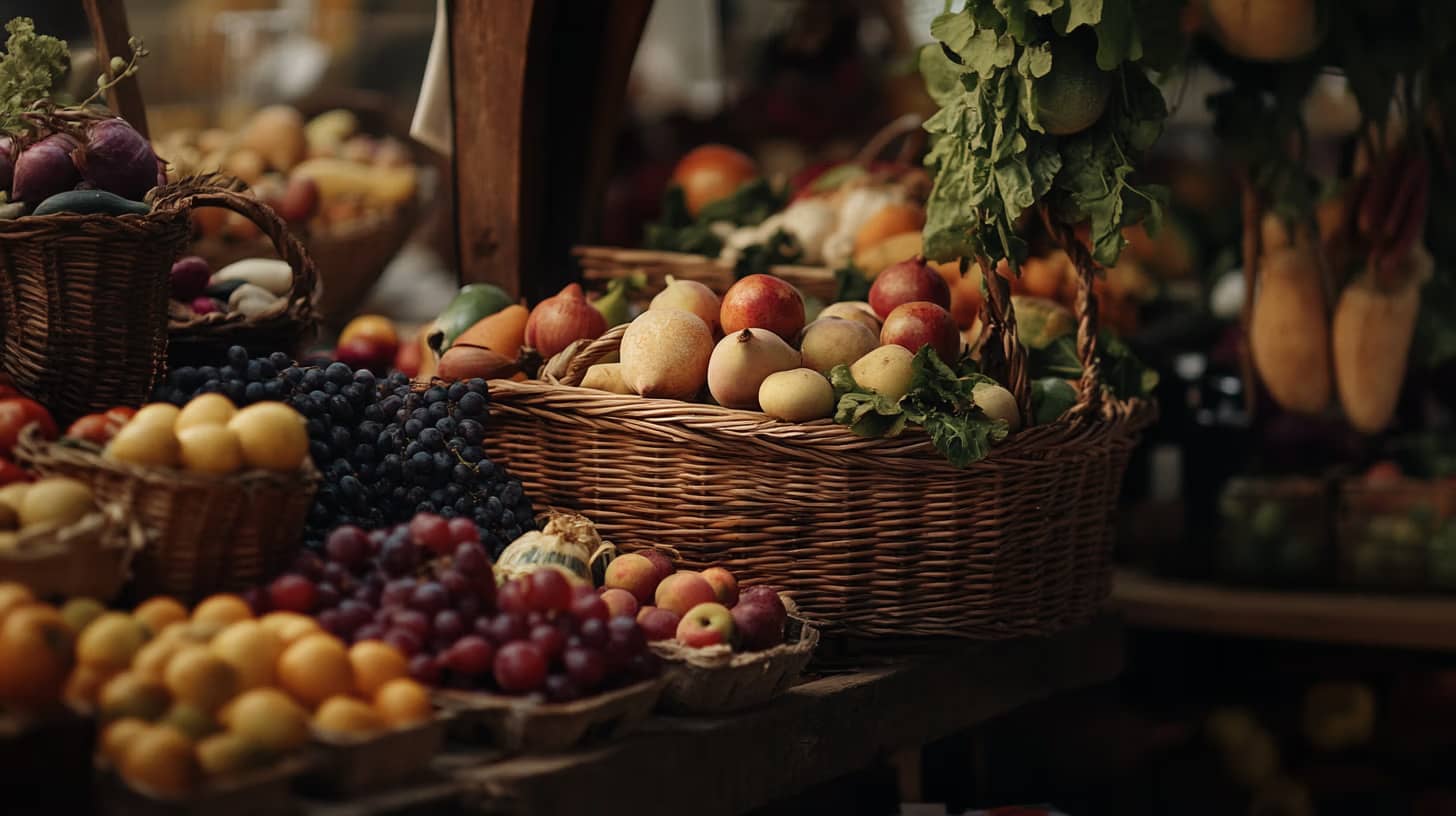 A rustic market stall displays baskets filled with a variety of fruits, including peaches, grapes, apples, and citrus fruits. The produce is arranged invitingly under warm natural lighting.