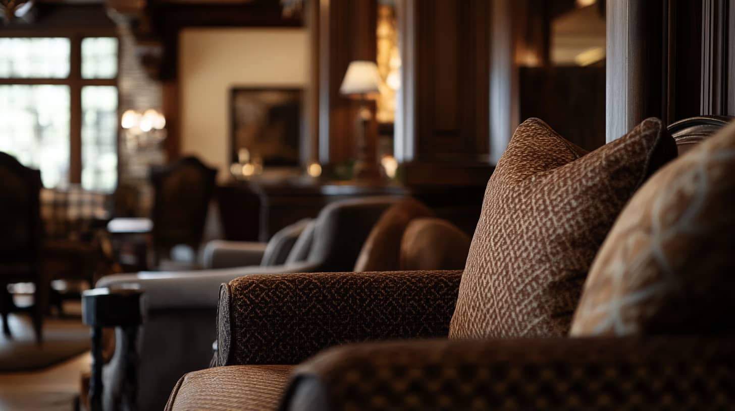 A cozy living room with soft lighting, featuring plush brown armchairs adorned with patterned cushions. The interior has dark wood paneling and a warm ambiance, with windows letting in natural light.