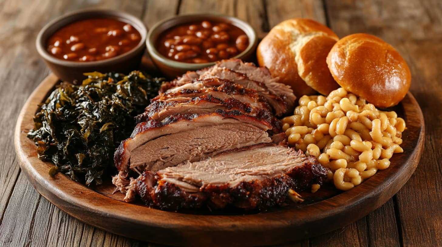 A wooden platter features sliced barbecued meat, creamy macaroni and cheese, collard greens, and freshly baked rolls. In the background, two small bowls are filled with savory baked beans.