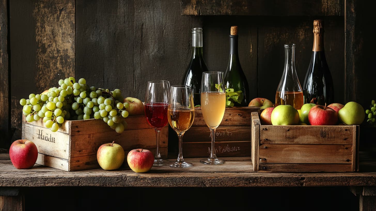 A rustic wooden table displays an assortment of red and green apples and grapes in crates. Three glasses filled with different types of cider are lined up, with various cider bottles and a champagne bottle in the background.