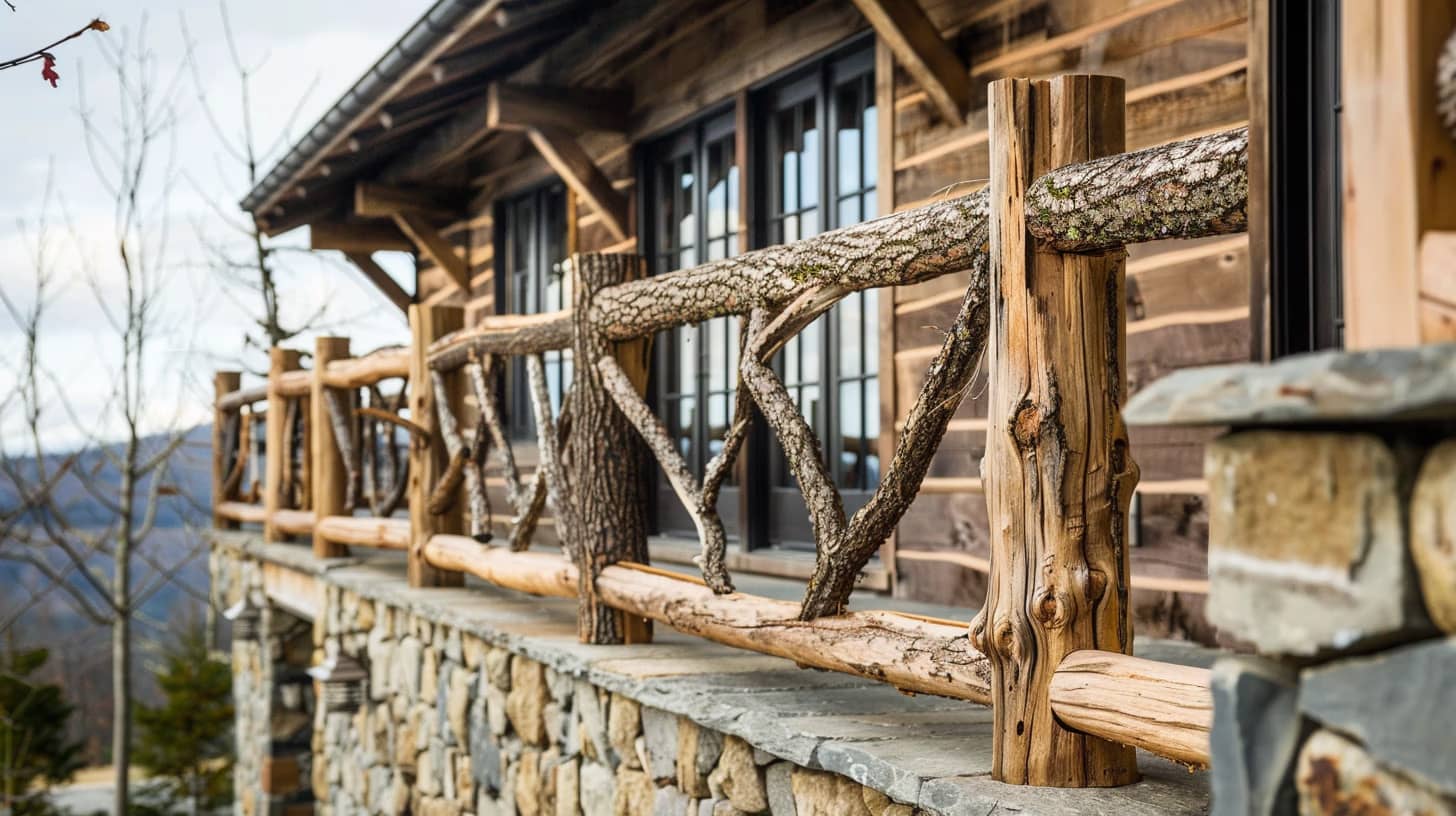 A rustic cabin with a stone foundation and wooden log railings stands against a backdrop of mountains. The woodwork features natural, branch-like patterns, and the cabin's large windows reflect the sky. Bare trees surround the cabin.