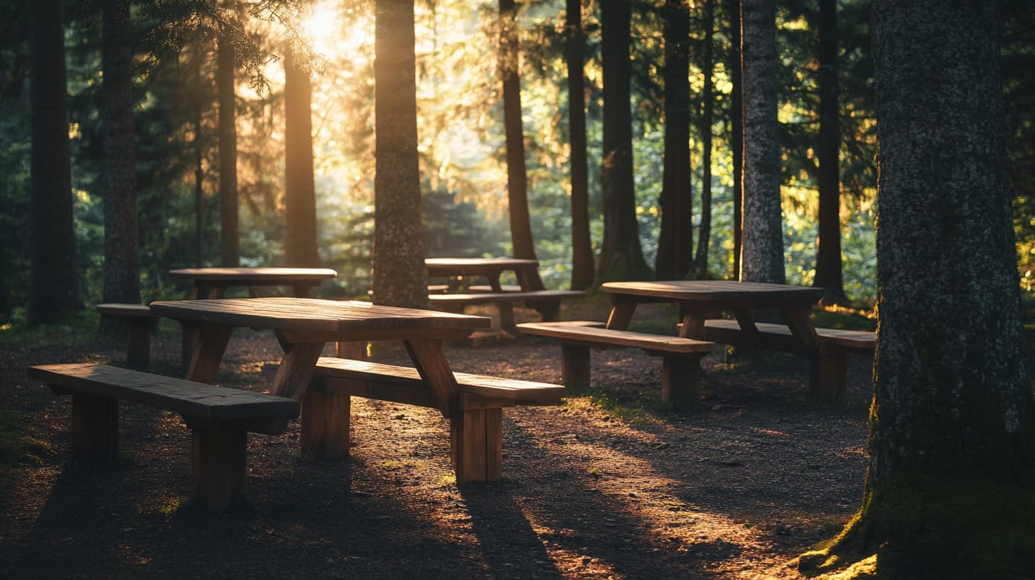 A serene forest scene with sunlight filtering through trees onto several wooden picnic tables and benches. The ground is covered in a soft layer of fallen leaves, creating a peaceful and inviting atmosphere.