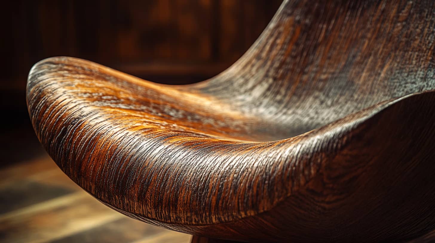 Close-up of a sleek, modern wooden chair with smooth curves and rich, dark grain patterns. The focus is on the unique texture and color variation of the polished seat and backrest, set against a blurred wooden background.