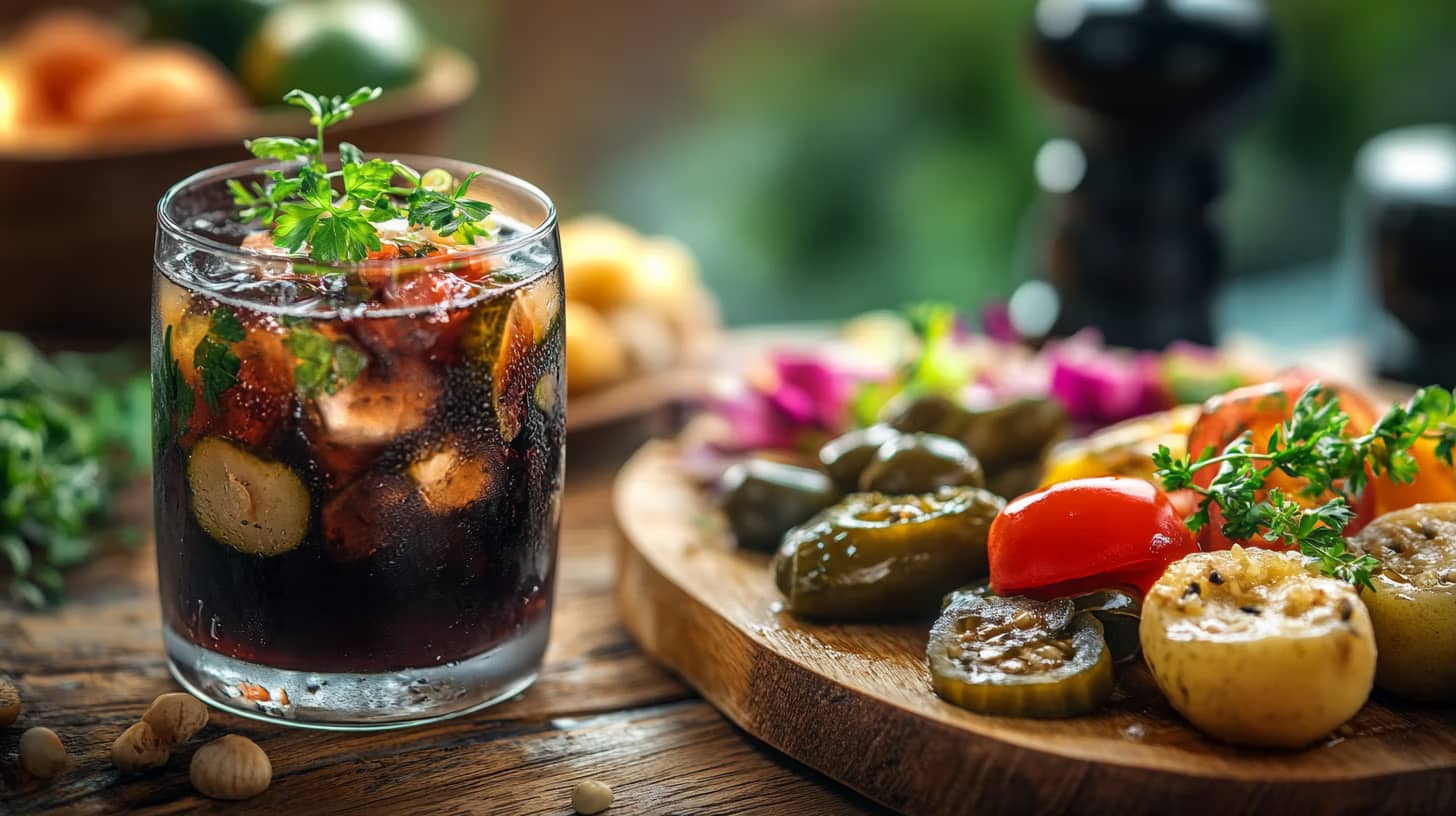 A glass of iced dark beverage with herbs beside a wooden platter of assorted pickled vegetables, including cucumbers, peppers, and onions, on a rustic wooden table. Blurred background with more vegetables and a pepper grinder.