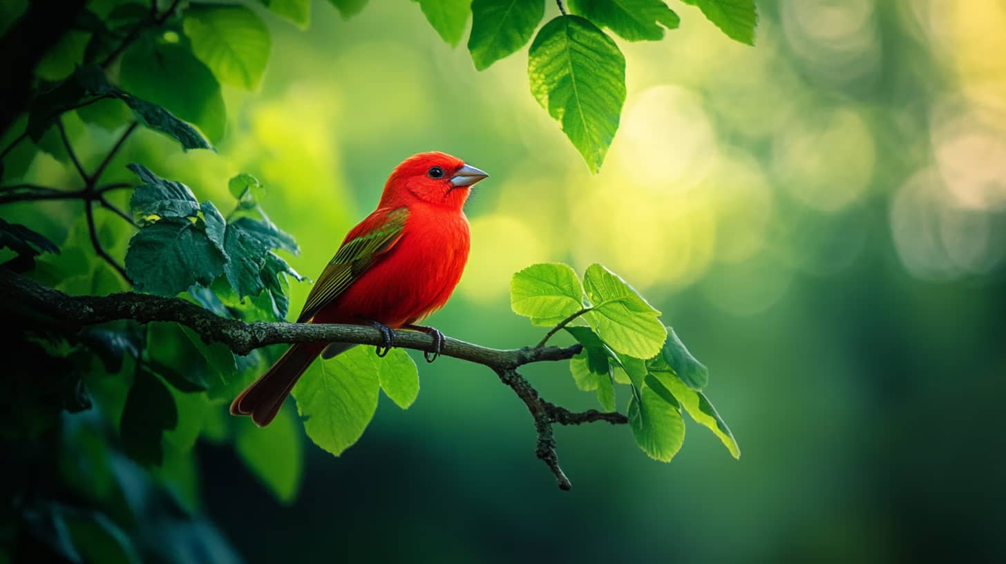 A vibrant red bird sits on a branch surrounded by lush green leaves, against a softly focused green background. The bird's bright plumage and the sharp details of the leaves create a striking contrast with the blurred backdrop.