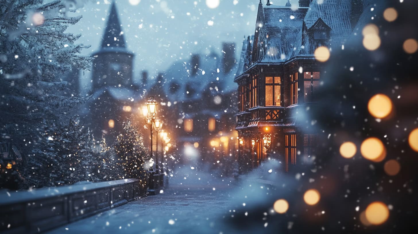 A snowy winter street scene at night, lit by vintage street lamps. Snowflakes gently fall, covering the ground and trees. Warm yellow lights glow from the windows of a cozy, timber-framed building on the right.