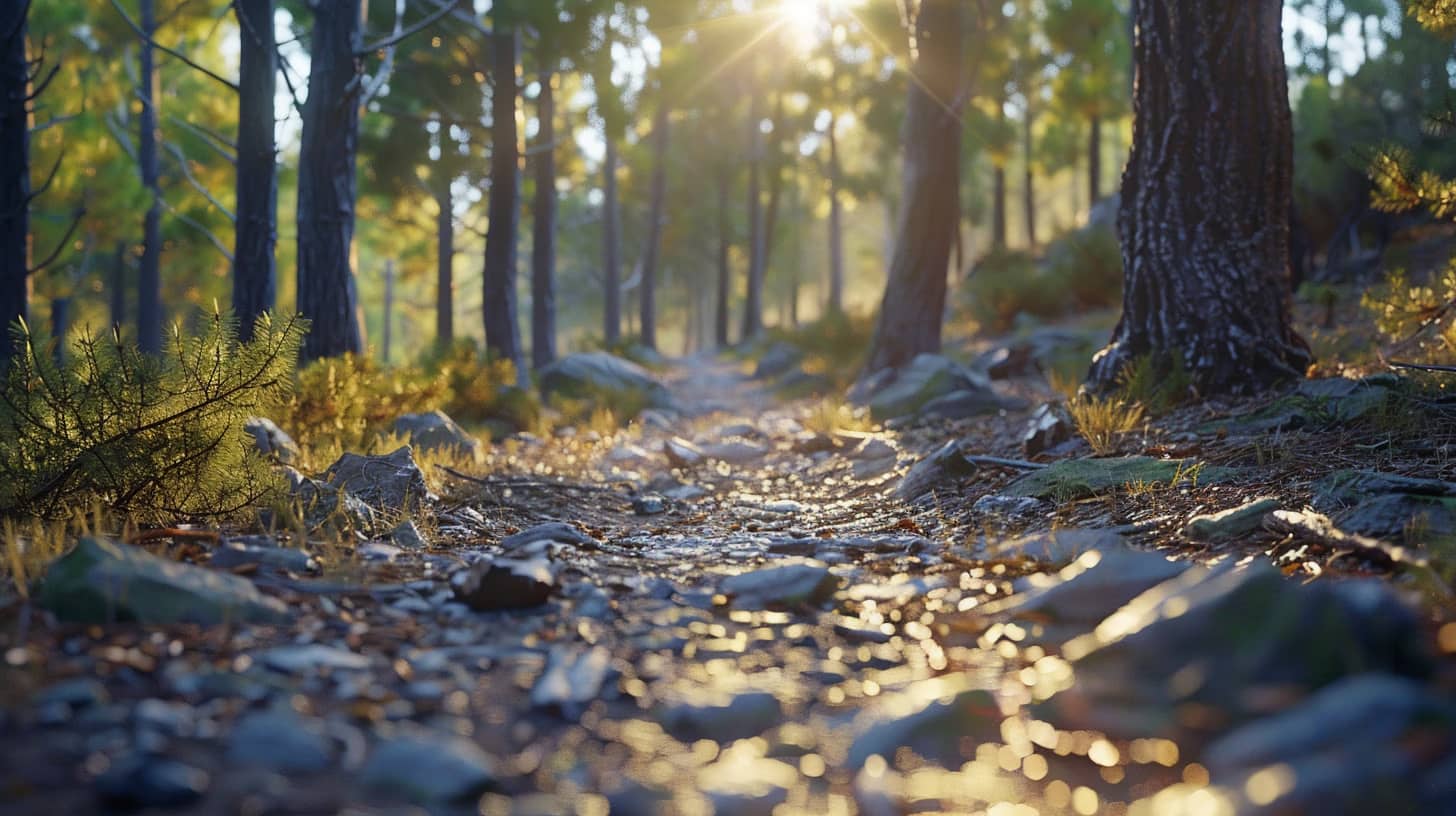 A sunlit forest path lined with trees and scattered rocks. Sunlight filters through the leaves, creating a serene and peaceful atmosphere. The ground is covered with fallen leaves and twigs.
