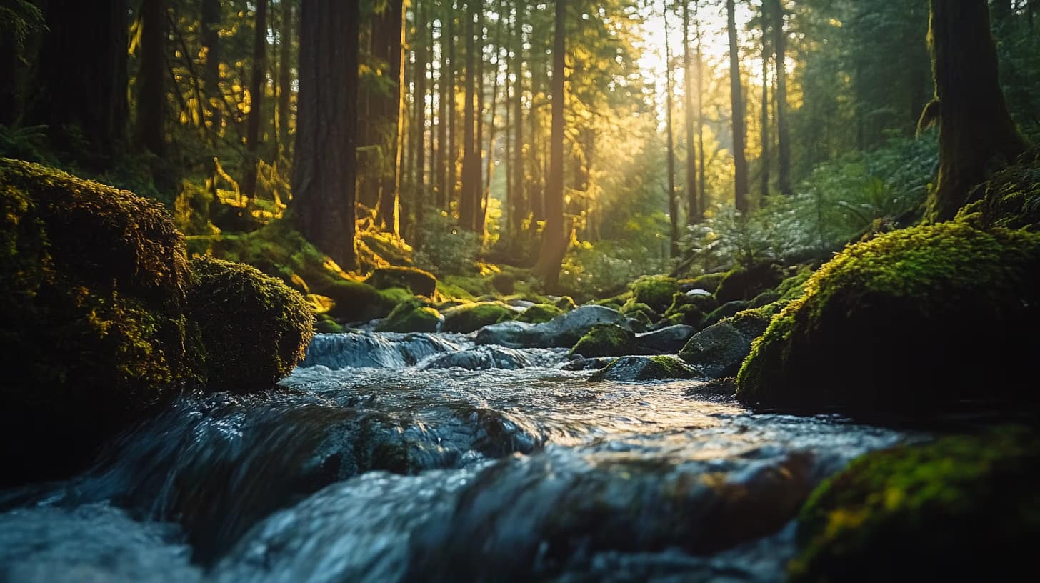 A serene forest scene with sunlight filtering through tall trees, illuminating a gentle stream flowing over moss-covered rocks. The tranquil atmosphere is enhanced by lush greenery and soft, dappled light.