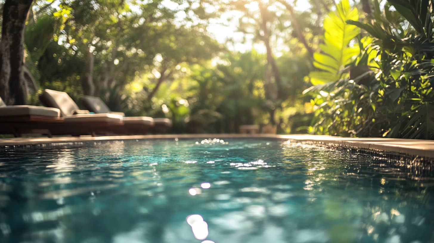 A tranquil pool surrounded by lush greenery and several lounge chairs under soft sunlight. The water's surface reflects the greenery and light, creating a serene and relaxing atmosphere.