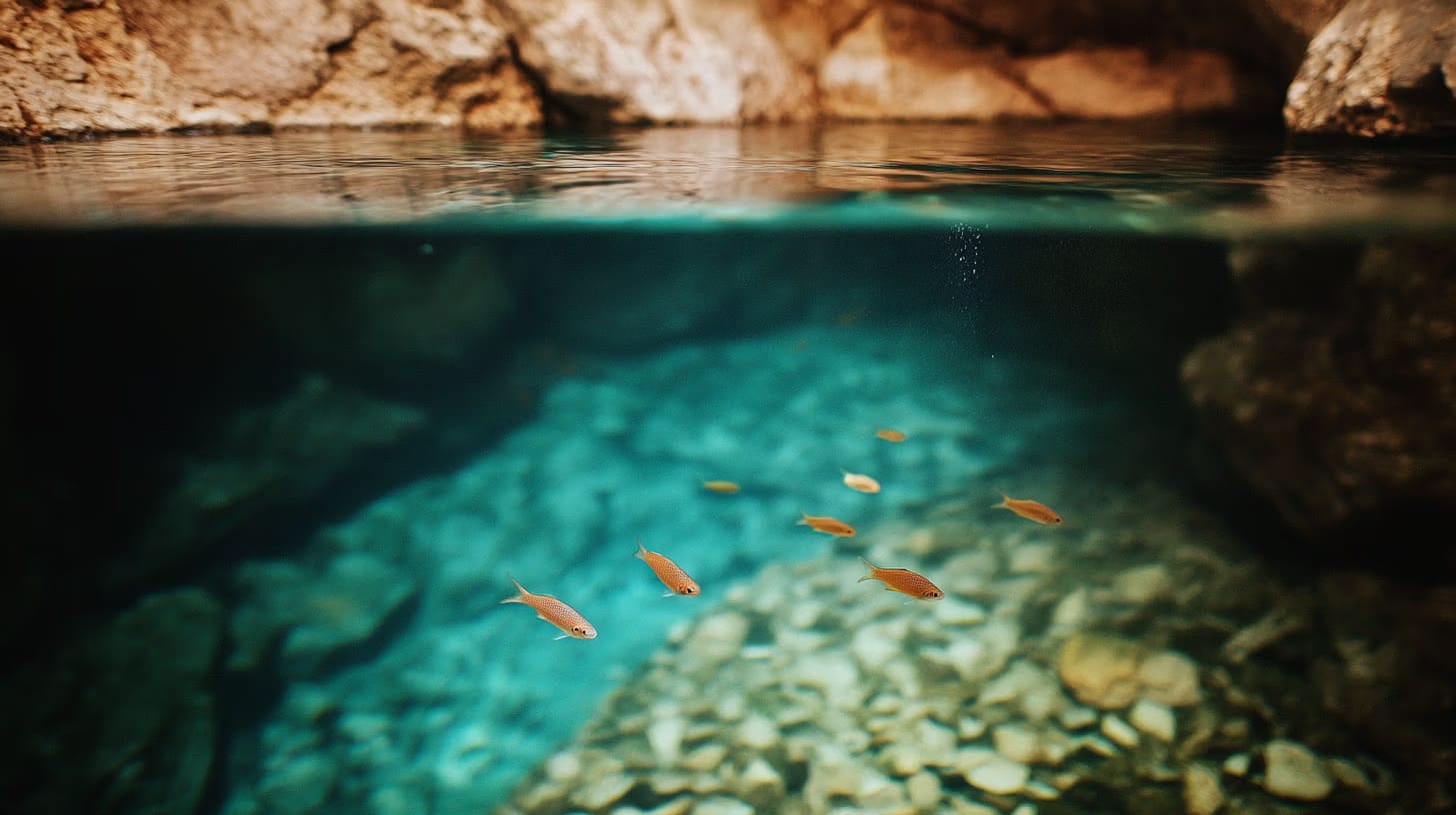 Underwater view of a clear, turquoise cave pool with small orange fish swimming above a rocky bottom. Sunlight filters through the water, illuminating the natural rock formations above and below the surface.