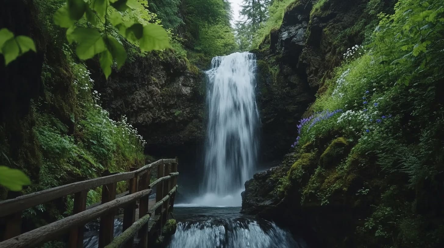 A serene waterfall flows between lush, green cliffs adorned with wildflowers, with a wooden footbridge leading towards it. Sunlight filters through the dense foliage, creating a peaceful, natural setting.
