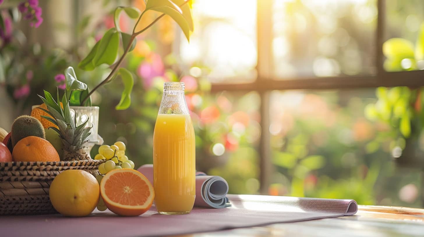 A sunny kitchen table with a bottle of orange juice, surrounded by a basket of fresh fruit including oranges, lemons, grapes, and a pineapple. The background features a window with vibrant, blurred greenery and flowers.