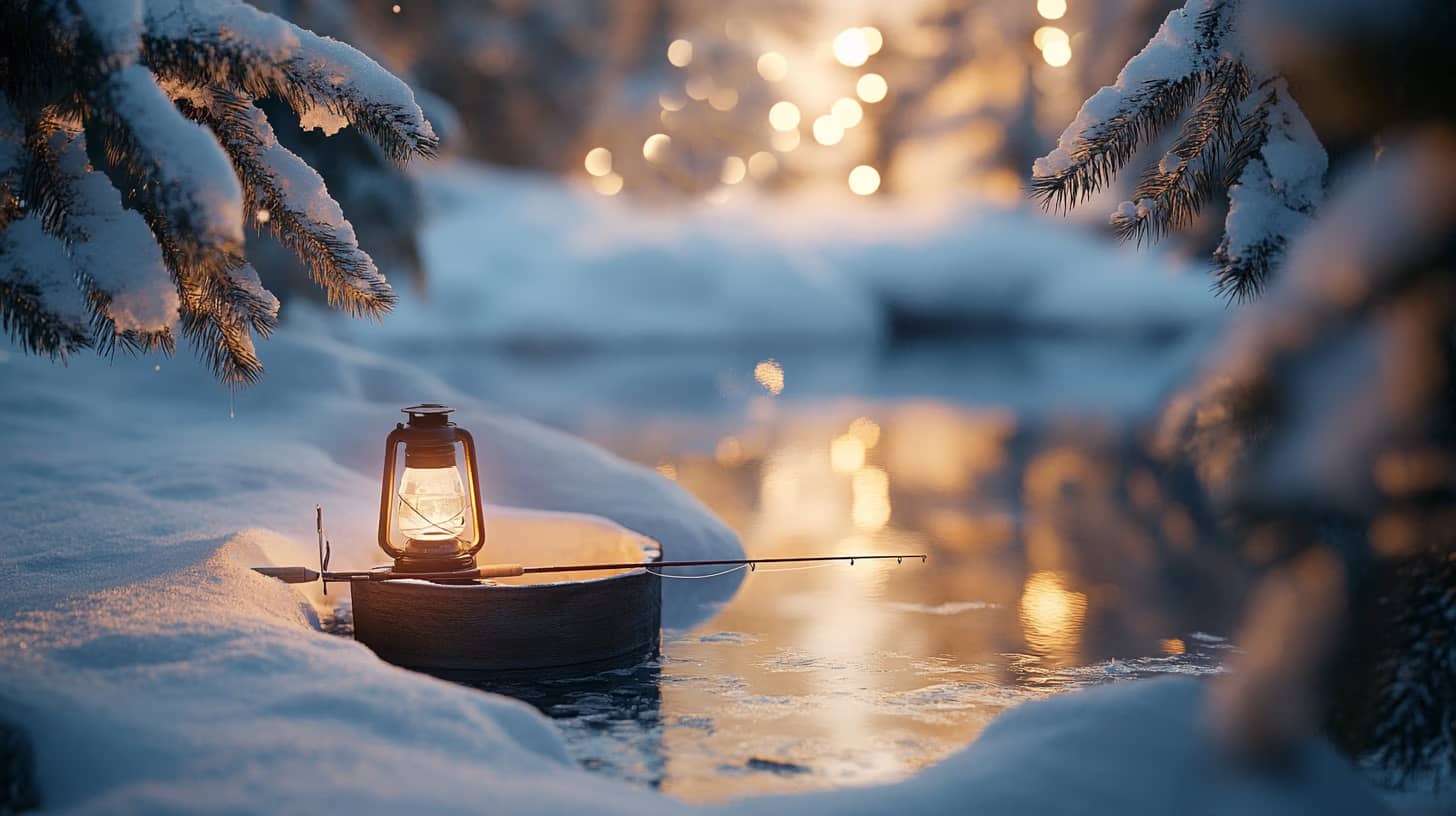 A cozy winter scene with a lantern illuminating a small wooden boat on a snow-covered creek. Snow-laden evergreen branches frame the image, and soft, warm lights glow in the background, casting reflections in the water.
