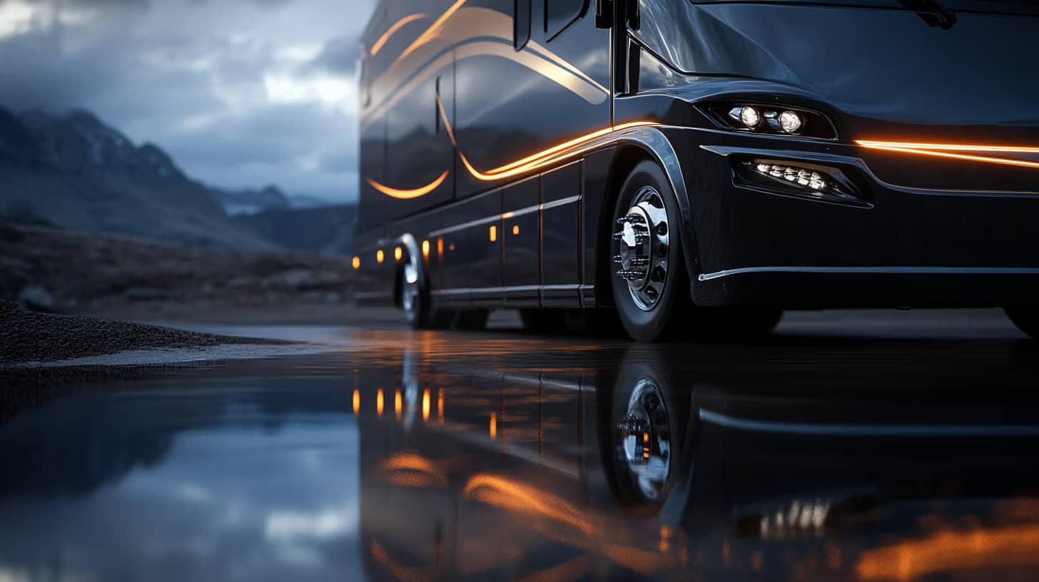 A sleek, modern bus with glowing lines along its sides is reflected in a puddle on a road. The scene is set against a backdrop of mountains and a cloudy sky, creating a futuristic and serene atmosphere.