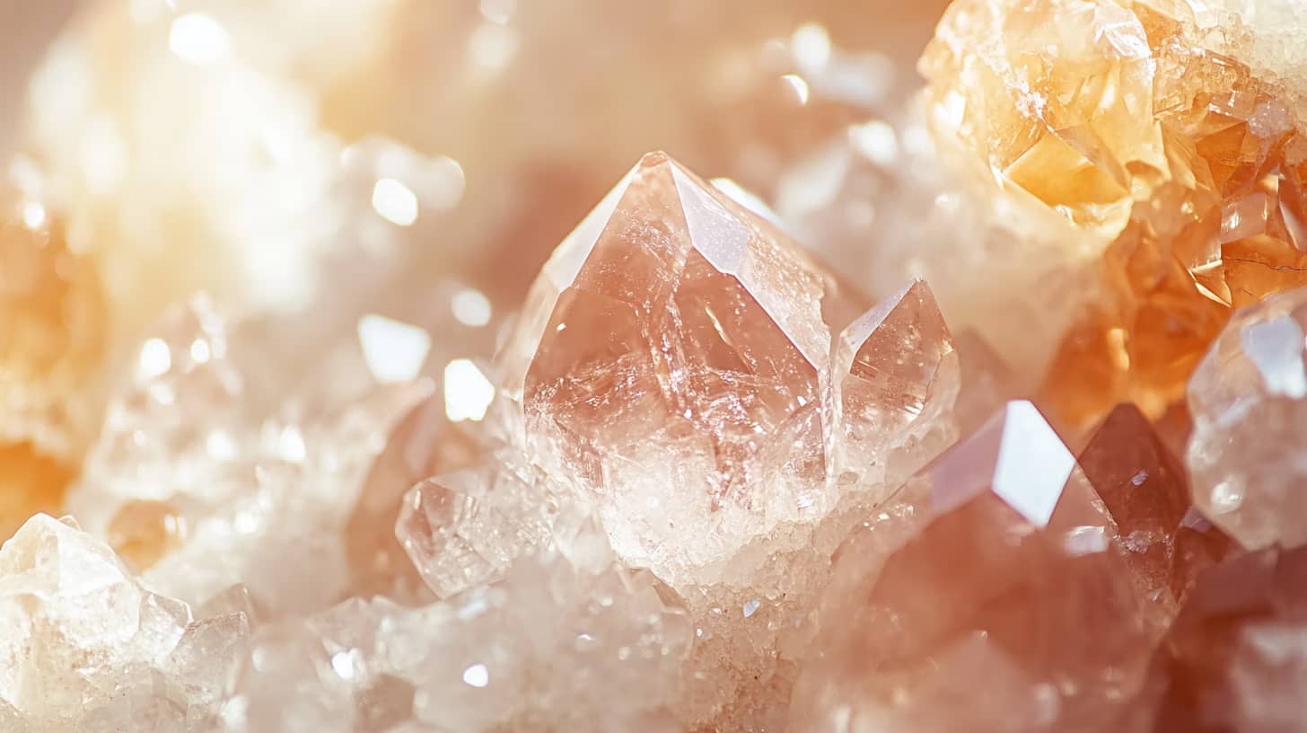 Close-up of a cluster of clear, shimmering crystals with a soft, warm glow. The crystals have sharp, geometric facets that reflect the light, creating an ethereal and luminous appearance.