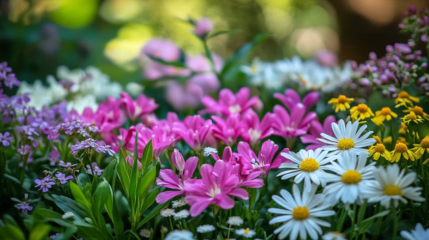 A vibrant garden scene filled with various flowers. Prominent clusters of pink lilies stand out among white daisies with yellow centers and smaller purple blooms, set against lush green foliage in the background.