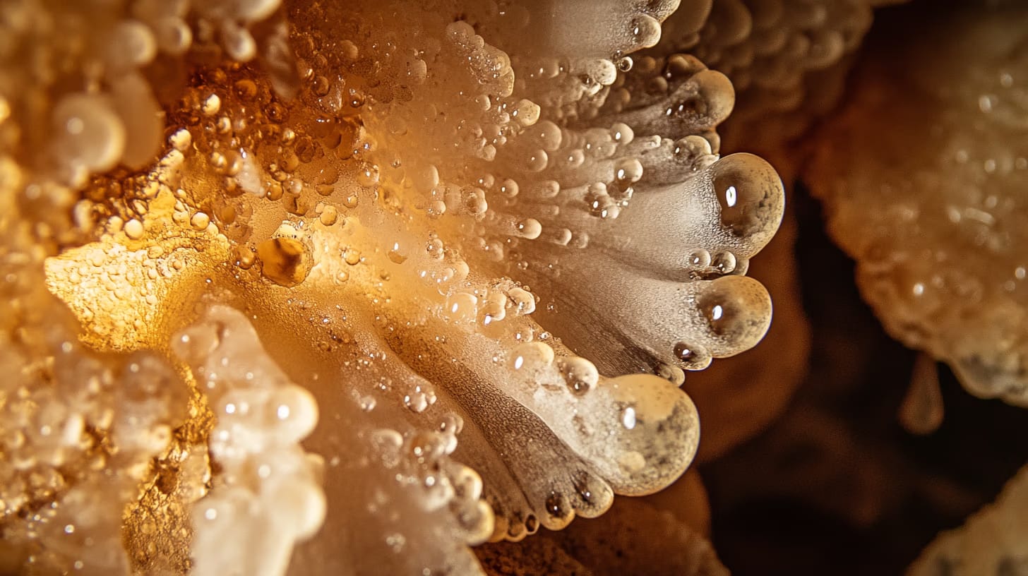 Close-up of intricate cave formations with beige and brown hues, featuring translucent, rounded stalactite-like shapes and droplets highlighting textured details. The image captures the delicate, natural artistry of a cave's interior.