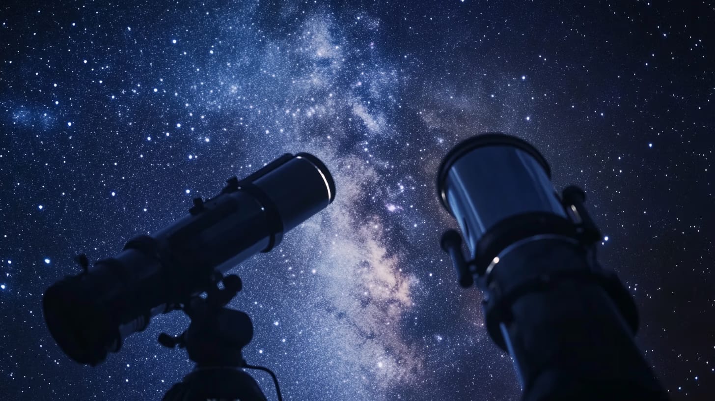 Two telescopes silhouetted against a starry night sky with the Milky Way galaxy prominently visible. The scene conveys a sense of wonder and exploration, capturing the beauty and vastness of the universe.