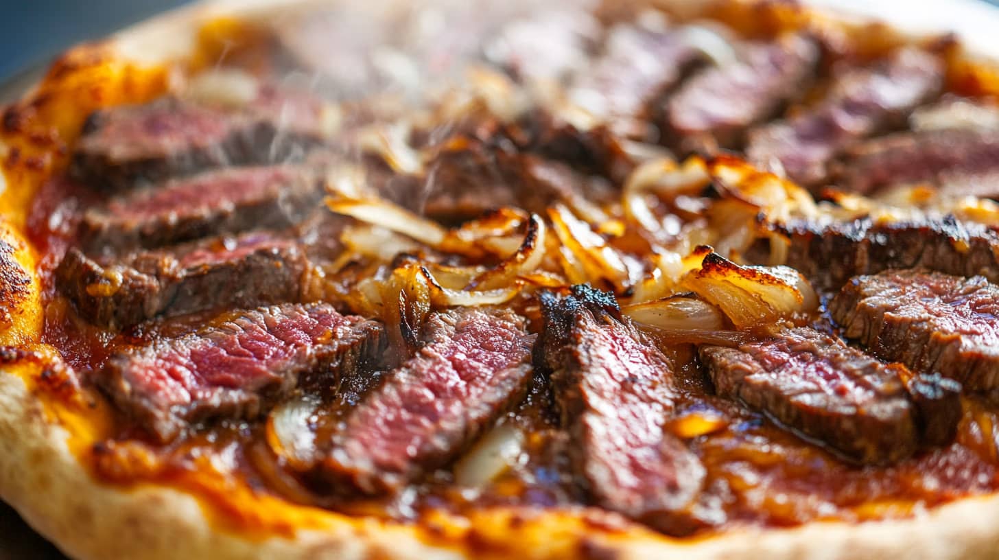 A close-up of a pizza topped with medium-rare steak slices and caramelized onions, resting on a baked crust. Steam rises from the surface, highlighting its freshness and warmth.