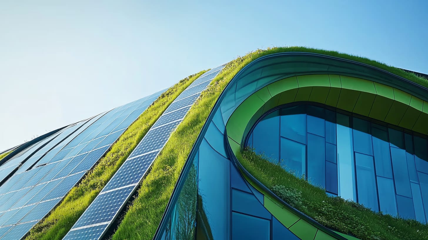 Futuristic building with large glass windows and integrated solar panels. The roof is covered with greenery, blending architecture with nature, against a clear blue sky.
