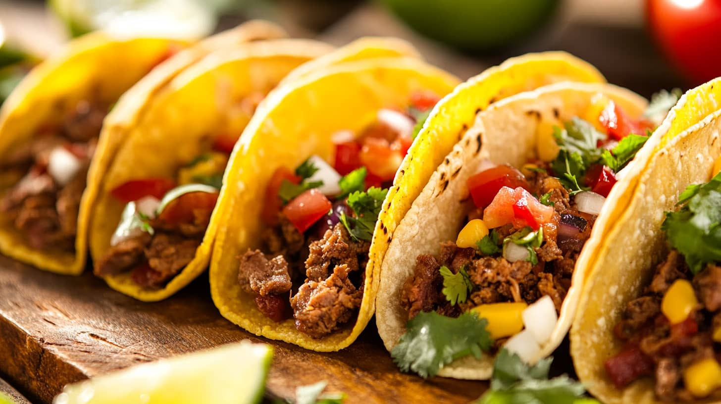 A row of tacos filled with seasoned beef, diced tomatoes, corn, onions, and cilantro in yellow corn tortillas, displayed on a wooden surface. Lime wedges and a green pepper are visible in the background.