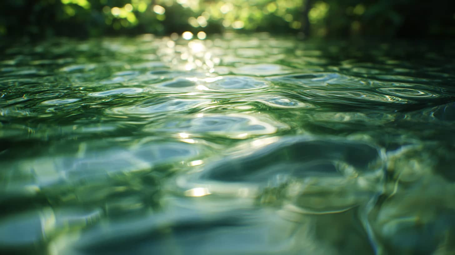 Close-up of sunlit water ripples on a greenish pond surface, surrounded by softly blurred greenery. Light reflection creates a sparkling effect on the water, enhancing the serene and natural atmosphere.