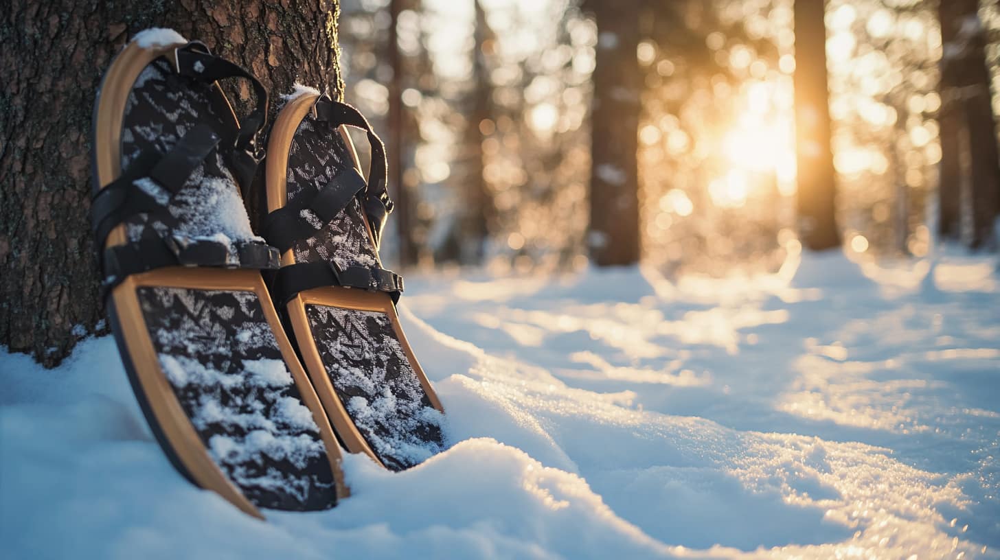 A pair of snowshoes leaning against a tree in a snowy forest, with sunlight filtering through the trees creating a warm glow. Snow covers the ground and the snowshoes, adding to the serene winter atmosphere.