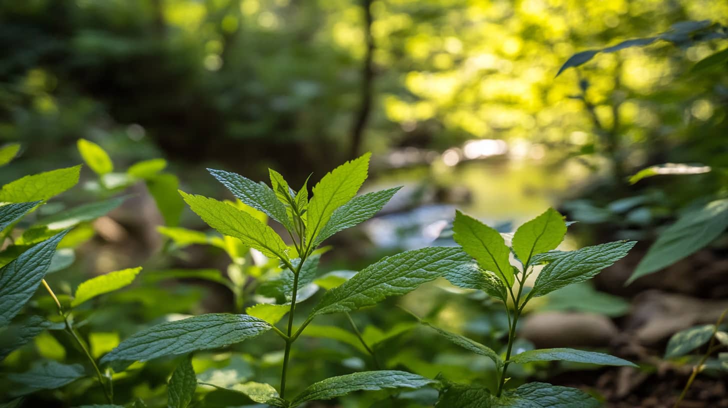 Close-up of vibrant green leaves in a sunlit forest. The background is softly blurred, featuring a gentle stream that reflects the sunlight. The overall ambiance is tranquil and refreshing.