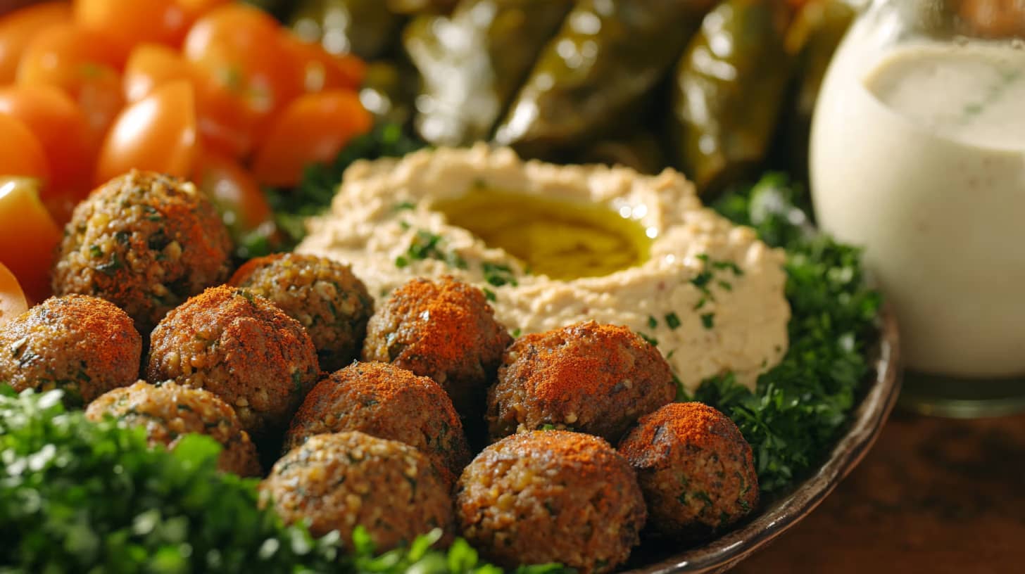A plate with seasoned falafel balls surrounded by hummus topped with olive oil, grape leaves, and halved cherry tomatoes on a bed of fresh parsley. A small jug filled with a creamy sauce is beside the plate.