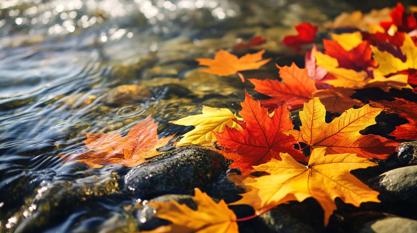 Colorful autumn leaves float on a clear stream with water gently flowing over smooth stones, creating a serene and picturesque scene.