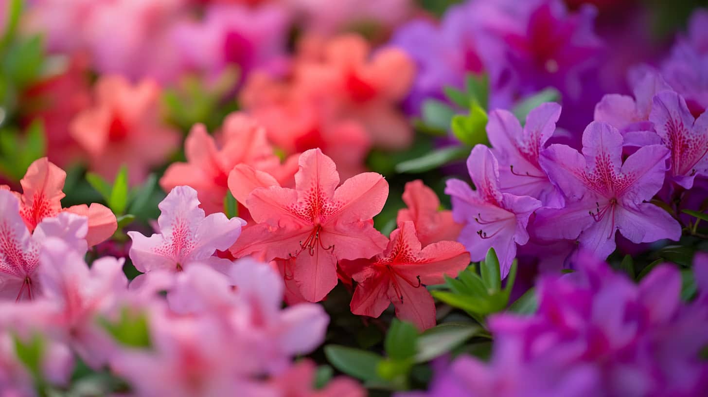 A vibrant display of azaleas, featuring a mix of pink, red, and purple blooms surrounded by green leaves. The flowers are in full bloom, creating a colorful and lively scene.