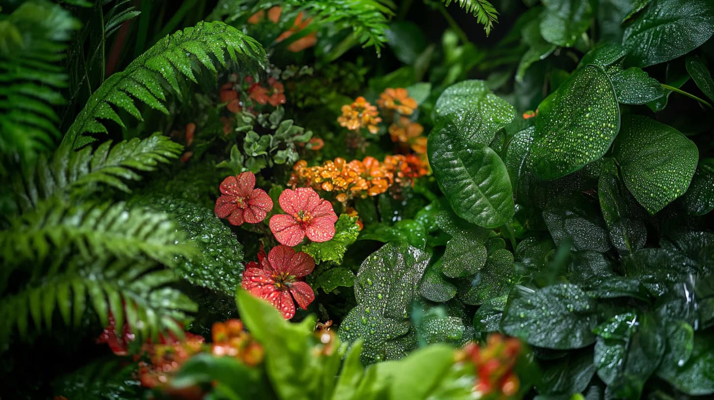 Vibrant greenery with lush leaves and ferns surround clusters of bright orange and red flowers, all covered in delicate droplets of water, creating a fresh and lively scene.